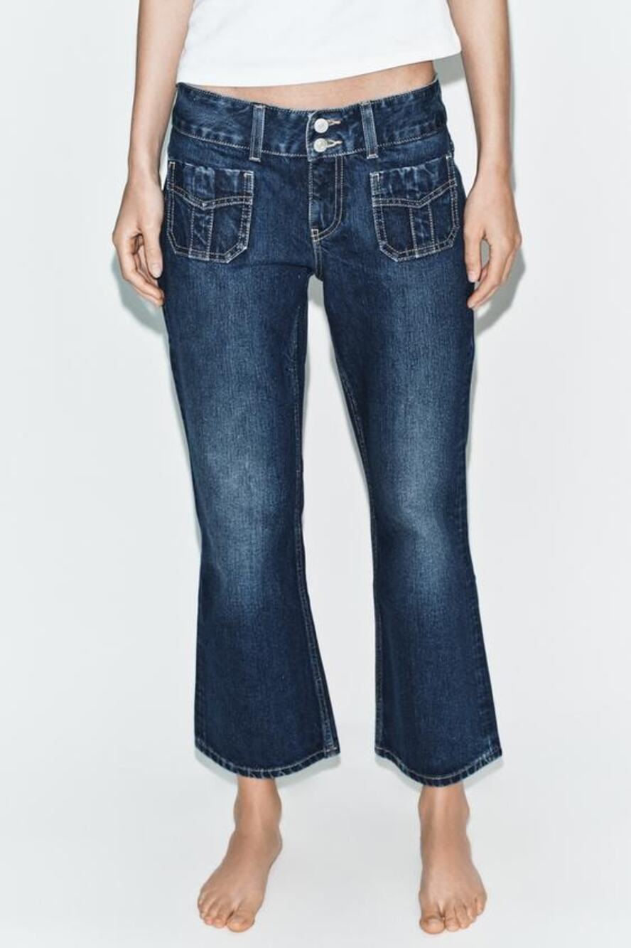 Zara Low Rise Patch Pocket Dark Wash Denim Flare Jeans Blue 0